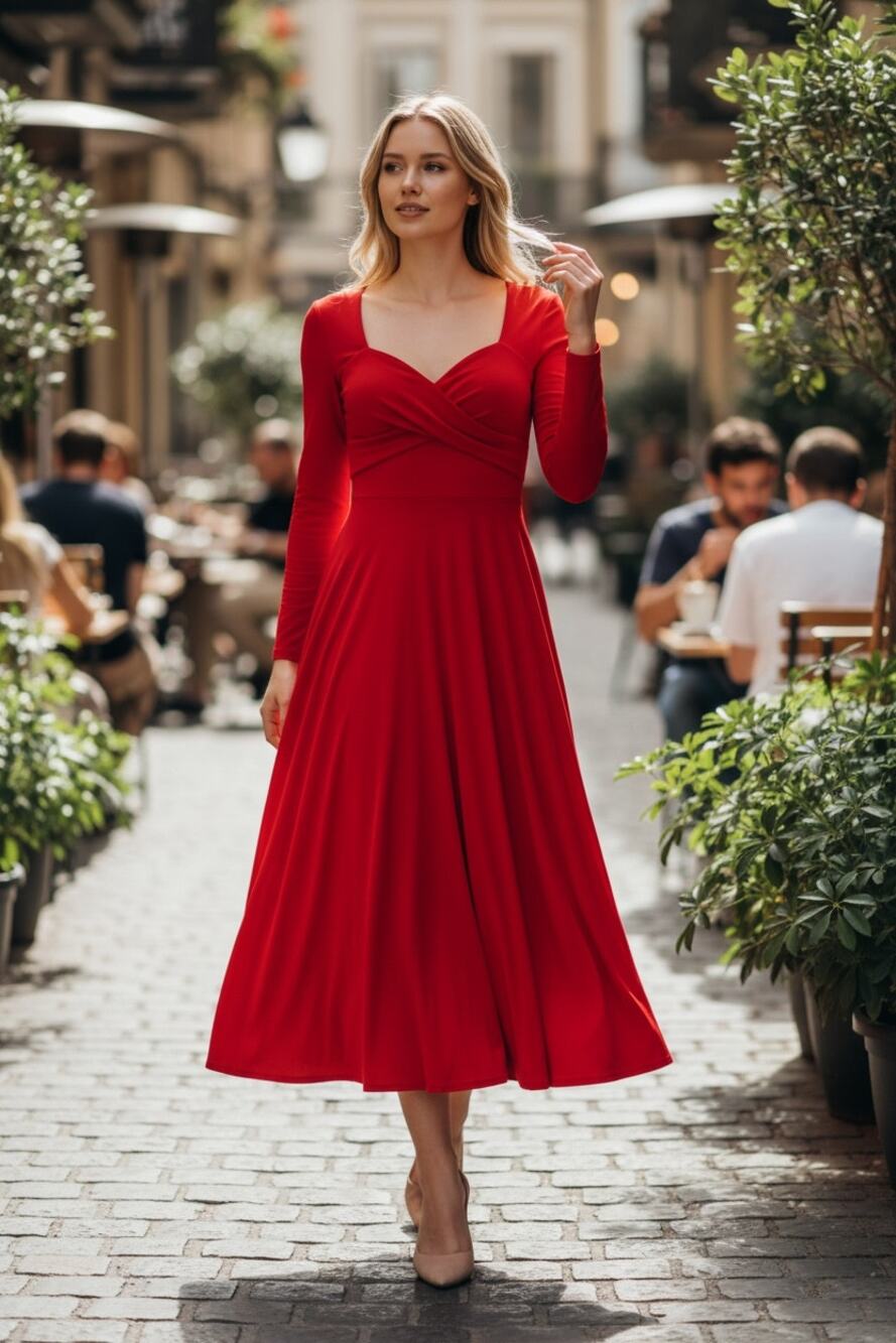 HALARA Dress Size L NEW Red Midi Maxi Long Sleeve V Neck Stretch